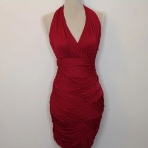 Red Ruched Halter Dress.